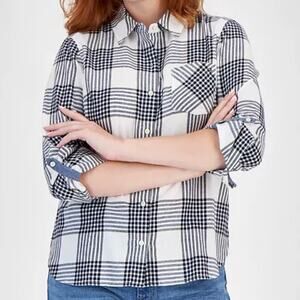 TOMMY HILFIGER | Perry Plaid Metallic Thread Shirt Black White Button | Medium
